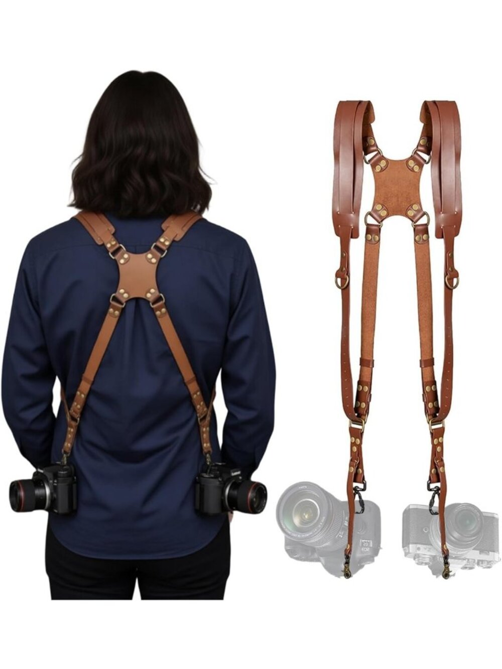 Dual Camera Harness for Photographers | Leather Strap for DSLR/SLR | Adjustable